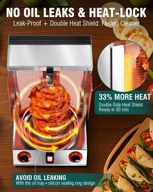 Alt view image 3 of 6 - Shawarma Grill Machine - 22lbs Gas Vertical Rotisserie with Heat Shields and 2 Burners, 122°F to 752°F Stainless Steel Gyro Machine for Chicken, Beef, Party and Commercial Use