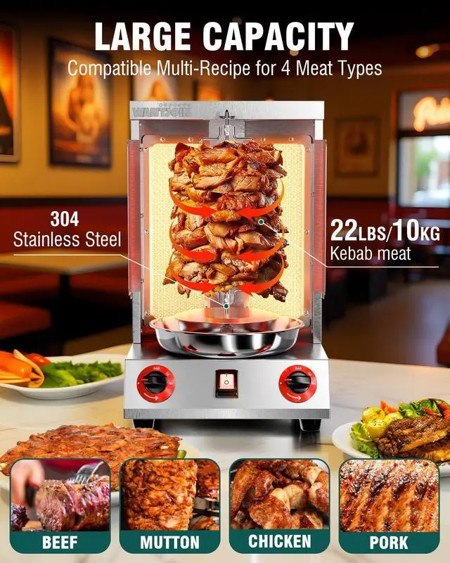 Alt view image 4 of 6 - Shawarma Grill Machine - 22lbs Gas Vertical Rotisserie with Heat Shields and 2 Burners, 122°F to 752°F Stainless Steel Gyro Machine for Chicken, Beef, Party and Commercial Use