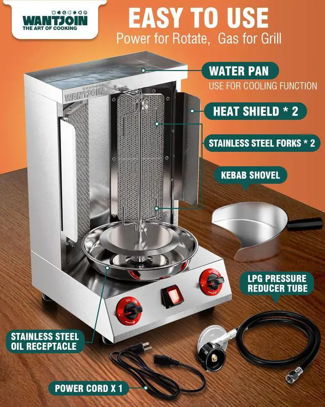 Alt view image 5 of 6 - Shawarma Grill Machine - 22lbs Gas Vertical Rotisserie with Heat Shields and 2 Burners, 122°F to 752°F Stainless Steel Gyro Machine for Chicken, Beef, Party and Commercial Use