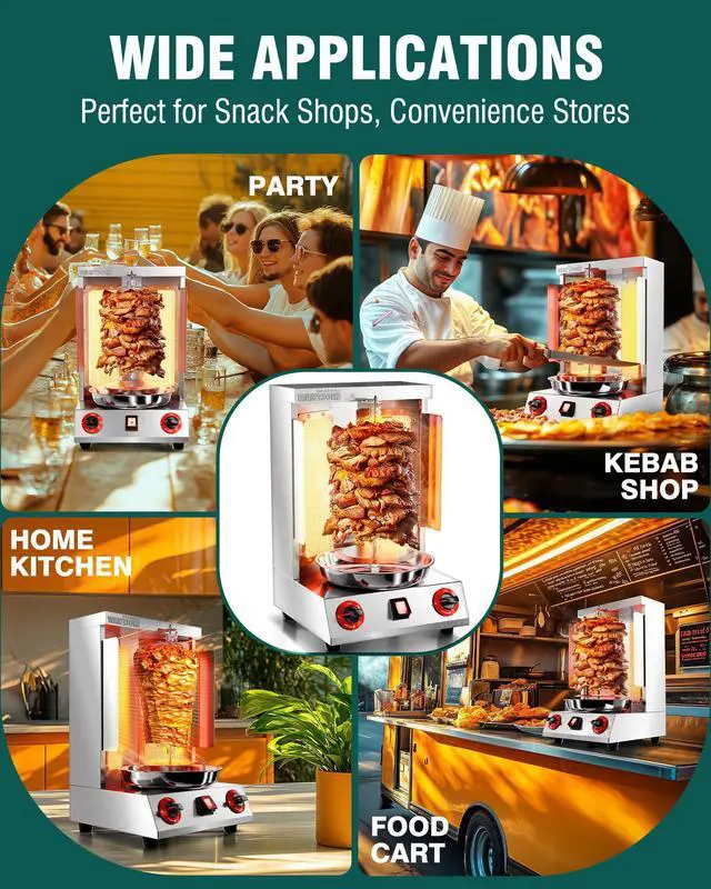 Alt view image 6 of 6 - Shawarma Grill Machine - 22lbs Gas Vertical Rotisserie with Heat Shields and 2 Burners, 122°F to 752°F Stainless Steel Gyro Machine for Chicken, Beef, Party and Commercial Use