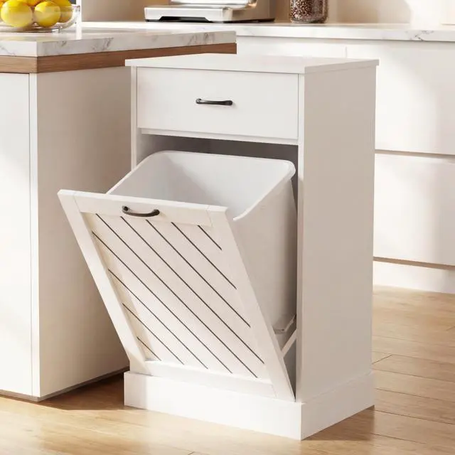 Main image of 13 Gallons White Tilt Out Trash Cabinet, Kitchen Hidden Trash Bin Cabinet Wood Garbage Recycling Cabinet with Hideaway Drawer, Pet Proof Freestanding Trash Bin for Kitchen Living Room