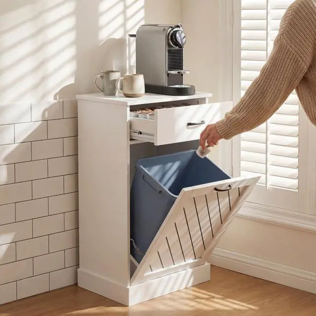 Alt view image 2 of 6 - 13 Gallons White Tilt Out Trash Cabinet, Kitchen Hidden Trash Bin Cabinet Wood Garbage Recycling Cabinet with Hideaway Drawer, Pet Proof Freestanding Trash Bin for Kitchen Living Room