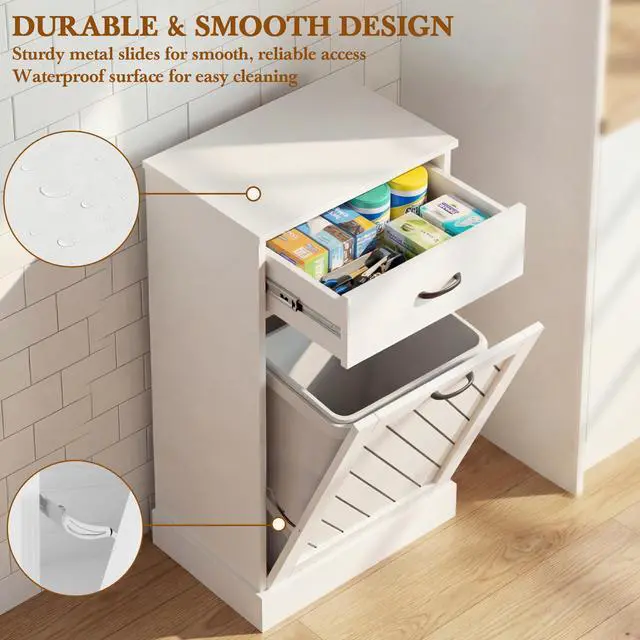 Alt view image 3 of 6 - 13 Gallons White Tilt Out Trash Cabinet, Kitchen Hidden Trash Bin Cabinet Wood Garbage Recycling Cabinet with Hideaway Drawer, Pet Proof Freestanding Trash Bin for Kitchen Living Room