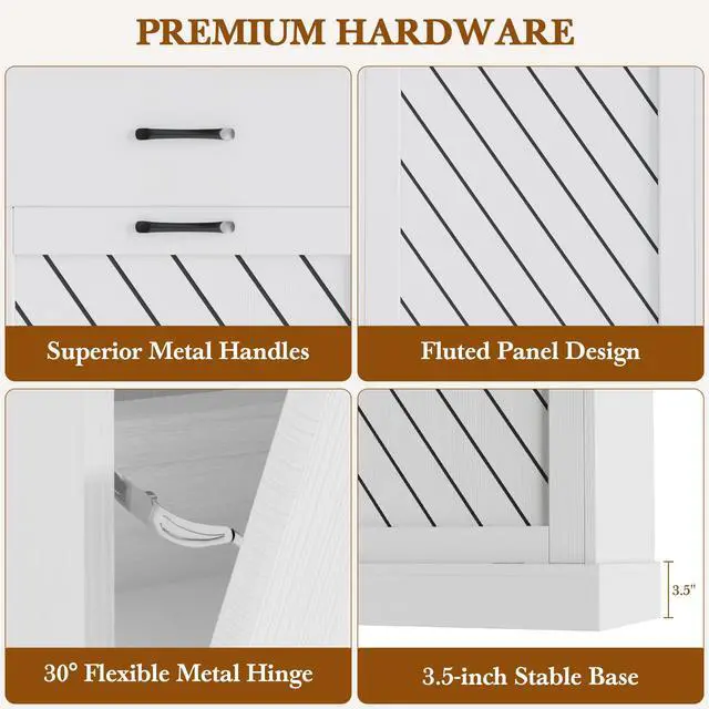Alt view image 5 of 6 - 13 Gallons White Tilt Out Trash Cabinet, Kitchen Hidden Trash Bin Cabinet Wood Garbage Recycling Cabinet with Hideaway Drawer, Pet Proof Freestanding Trash Bin for Kitchen Living Room