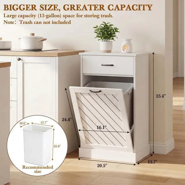 Alt view image 6 of 6 - 13 Gallons White Tilt Out Trash Cabinet, Kitchen Hidden Trash Bin Cabinet Wood Garbage Recycling Cabinet with Hideaway Drawer, Pet Proof Freestanding Trash Bin for Kitchen Living Room