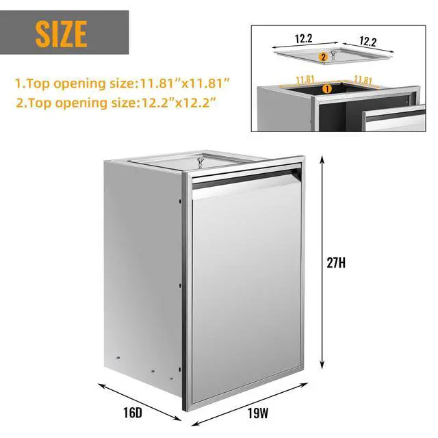 Alt view image 2 of 6 - Pull Out Trash Drawer, 19''W x 27''H x 16''D Stainless Steel Built-in Single Trash Drawer Outdoor Kitchen Cabinets Trash Bin for BBQ Island Grill Station