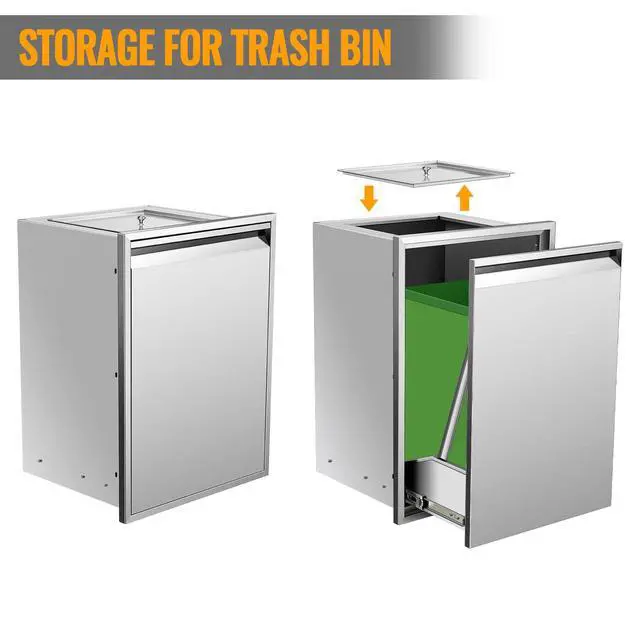 Alt view image 3 of 6 - Pull Out Trash Drawer, 19''W x 27''H x 16''D Stainless Steel Built-in Single Trash Drawer Outdoor Kitchen Cabinets Trash Bin for BBQ Island Grill Station