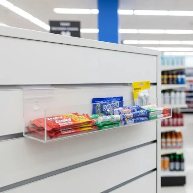 Alt view image 2 of 4 - 24 Pack Acrylic Slatwall J Ledge 12 Inch Wide by 2.5 Inch Deep Clear Floating Retail Product Display for Salons Boutiques and Specialty Shops