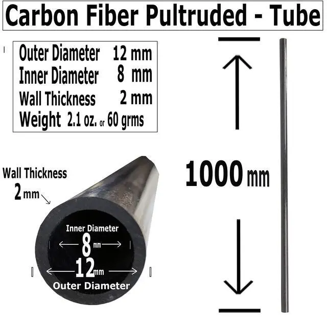 Alt view image 2 of 6 - Carbon Fiber Tube - 12mm X 8mm x 1000mm Pultruded Round Hollow Carbon Fiber rods Black Matte Finish - Pure Carbon Fibre Hollow Tube shafts - for RC Planes-Drones, Boat DIY Craft Projects