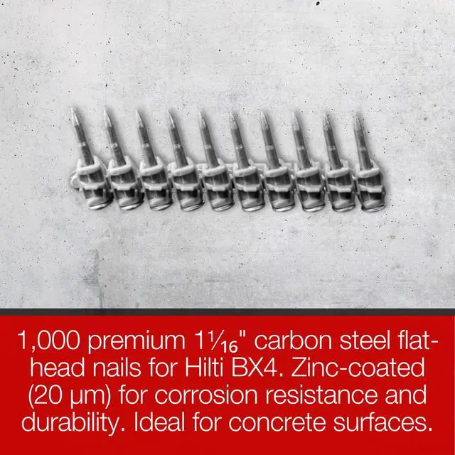 Alt view image 4 of 4 - 1-1/16 Concrete Nails Compatible With Hilti BX4-1,000 Count Flat Head Shoot-Drive Nails with 20µm Galvanized Zinc Coating - Heavy-Duty Construction Fasteners for Commercial & Residential Projects