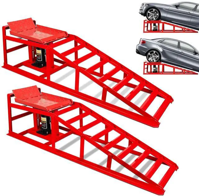 Main image of 2PCS Hydraulic Car Ramps, 5T 11000lbs Heavy Duty Adjustable Steel Lift Ramps, Hydraulic Vehicle Ramps Lift Ramp for Oil Changes, Car Lifts for Home Garage, Vehicle Auto Garage Repair (Red)