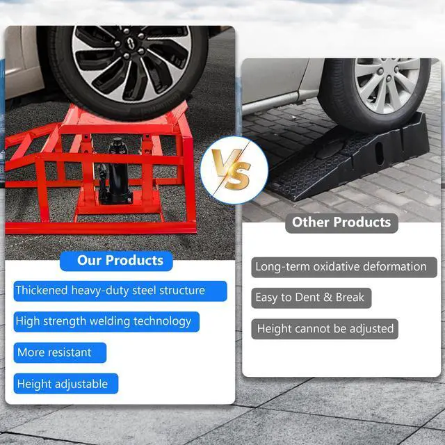 Alt view image 4 of 6 - 2PCS Hydraulic Car Ramps, 5T 11000lbs Heavy Duty Adjustable Steel Lift Ramps, Hydraulic Vehicle Ramps Lift Ramp for Oil Changes, Car Lifts for Home Garage, Vehicle Auto Garage Repair (Red)