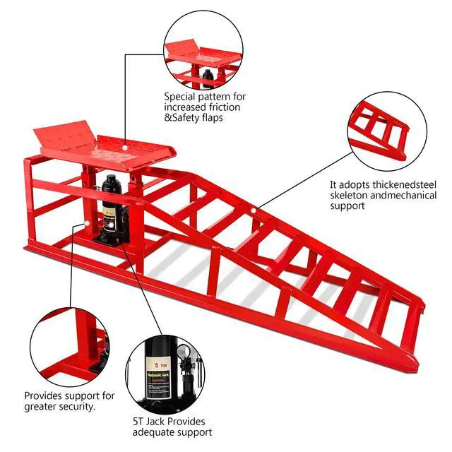 Alt view image 5 of 6 - 2PCS Hydraulic Car Ramps, 5T 11000lbs Heavy Duty Adjustable Steel Lift Ramps, Hydraulic Vehicle Ramps Lift Ramp for Oil Changes, Car Lifts for Home Garage, Vehicle Auto Garage Repair (Red)