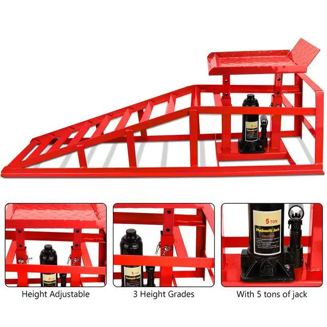 Alt view image 6 of 6 - 2PCS Hydraulic Car Ramps, 5T 11000lbs Heavy Duty Adjustable Steel Lift Ramps, Hydraulic Vehicle Ramps Lift Ramp for Oil Changes, Car Lifts for Home Garage, Vehicle Auto Garage Repair (Red)