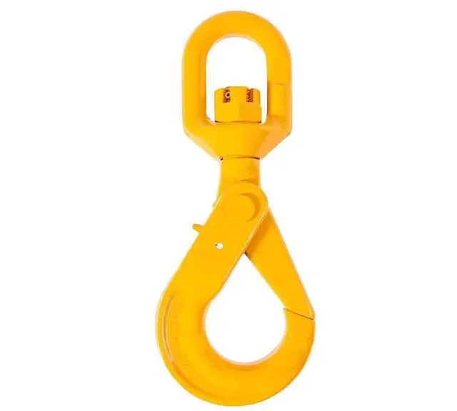 Alt view image 2 of 6 - (2 Pack 3/8'' Self Locking Swivel Hook Grade 80-7100 LBS Working Load Limit 3.2 Ton - Yellow Painted Forged Steel Swivel Lifting Hook