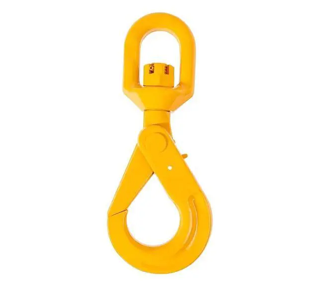Alt view image 5 of 6 - (2 Pack 3/8'' Self Locking Swivel Hook Grade 80-7100 LBS Working Load Limit 3.2 Ton - Yellow Painted Forged Steel Swivel Lifting Hook