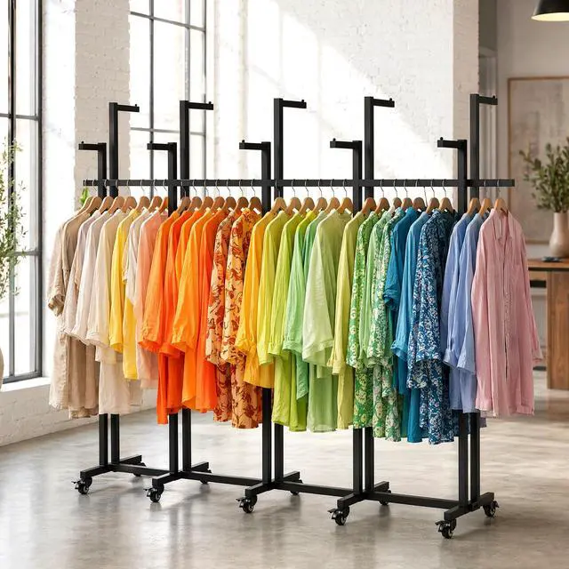 Alt view image 2 of 6 - Metal Clothing Rack, 6 Arms Clothes Display Racks with Wheels, Adjustable Floor Standing Garment Rack From 46.85" to 64", Portable Retail Display Stand for Boutique Stores (Black, 10 Arm/91.3in)