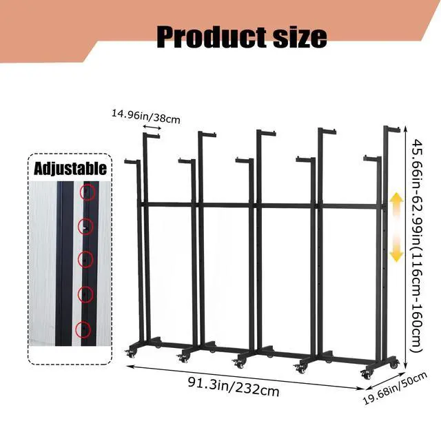 Alt view image 3 of 6 - Metal Clothing Rack, 6 Arms Clothes Display Racks with Wheels, Adjustable Floor Standing Garment Rack From 46.85" to 64", Portable Retail Display Stand for Boutique Stores (Black, 10 Arm/91.3in)