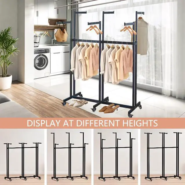 Alt view image 4 of 6 - Metal Clothing Rack, 6 Arms Clothes Display Racks with Wheels, Adjustable Floor Standing Garment Rack From 46.85" to 64", Portable Retail Display Stand for Boutique Stores (Black, 10 Arm/91.3in)