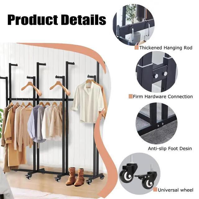 Alt view image 5 of 6 - Metal Clothing Rack, 6 Arms Clothes Display Racks with Wheels, Adjustable Floor Standing Garment Rack From 46.85" to 64", Portable Retail Display Stand for Boutique Stores (Black, 10 Arm/91.3in)