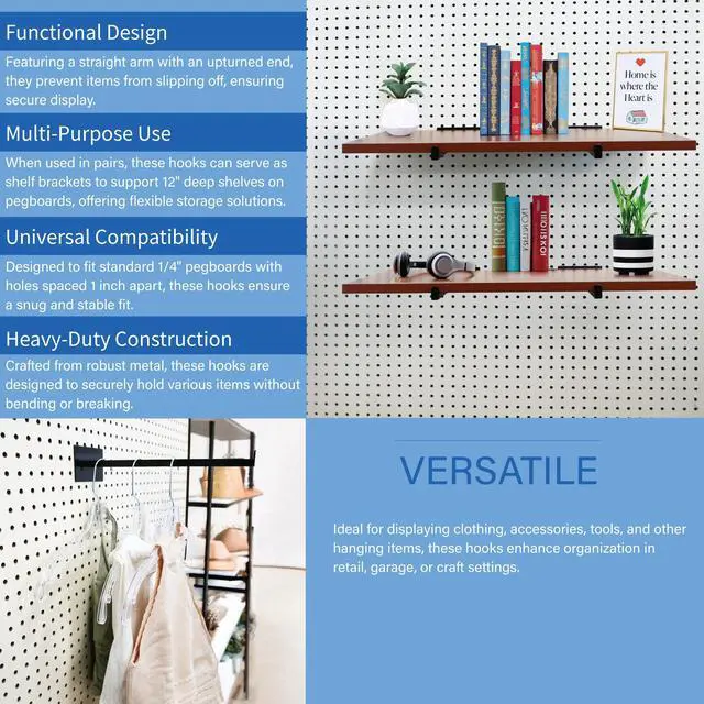 Alt view image 6 of 6 - 12" Pegboard Straight Arm Faceout Hook, Peg Shelf Bracket, Black, 10 Pack