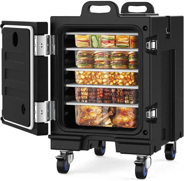 Main image of Food Warmer, 81 Qt LLDPE Insulated Food Pan Carrier for Hot/Cold Food, w/Double Buckles, Lockable Wheels, Handles, Stackable Design, Commercial Thermal Hot Box for 5 Full-Size Pans