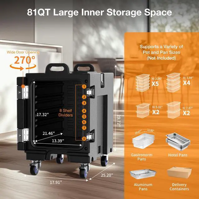 Alt view image 3 of 6 - Food Warmer, 81 Qt LLDPE Insulated Food Pan Carrier for Hot/Cold Food, w/Double Buckles, Lockable Wheels, Handles, Stackable Design, Commercial Thermal Hot Box for 5 Full-Size Pans