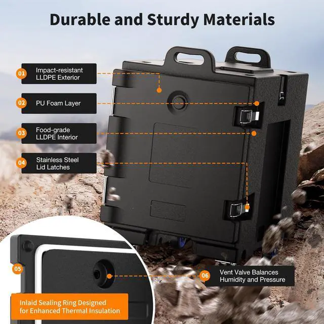Alt view image 5 of 6 - Food Warmer, 81 Qt LLDPE Insulated Food Pan Carrier for Hot/Cold Food, w/Double Buckles, Lockable Wheels, Handles, Stackable Design, Commercial Thermal Hot Box for 5 Full-Size Pans