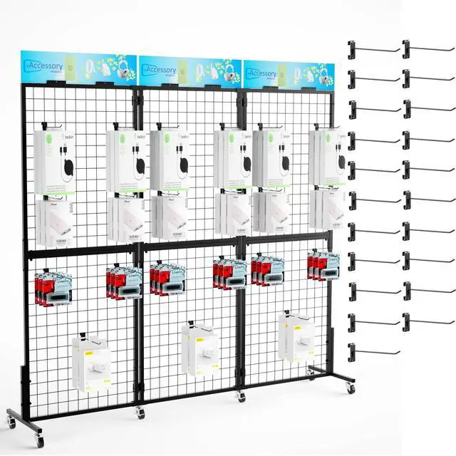 Main image of Grid Wall Panels Display Stand - 3pcs with 21 Hooks, 2*5.6ft Display Racks For Vendor Events Art Display Panels Linkable Heavy Duty Floor Standing Movable Retail Display Stand Metal Shelf