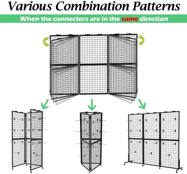 Alt view image 2 of 6 - Grid Wall Panels Display Stand - 3pcs with 21 Hooks, 2*5.6ft Display Racks For Vendor Events Art Display Panels Linkable Heavy Duty Floor Standing Movable Retail Display Stand Metal Shelf