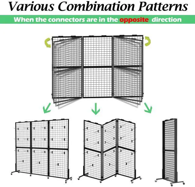 Alt view image 3 of 6 - Grid Wall Panels Display Stand - 3pcs with 21 Hooks, 2*5.6ft Display Racks For Vendor Events Art Display Panels Linkable Heavy Duty Floor Standing Movable Retail Display Stand Metal Shelf