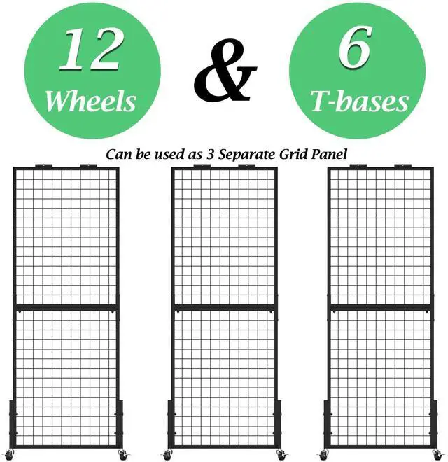 Alt view image 4 of 6 - Grid Wall Panels Display Stand - 3pcs with 21 Hooks, 2*5.6ft Display Racks For Vendor Events Art Display Panels Linkable Heavy Duty Floor Standing Movable Retail Display Stand Metal Shelf