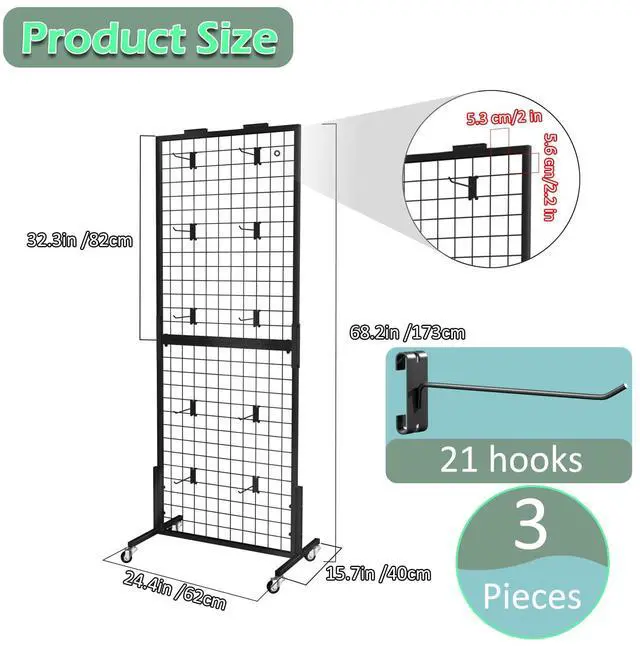 Alt view image 5 of 6 - Grid Wall Panels Display Stand - 3pcs with 21 Hooks, 2*5.6ft Display Racks For Vendor Events Art Display Panels Linkable Heavy Duty Floor Standing Movable Retail Display Stand Metal Shelf