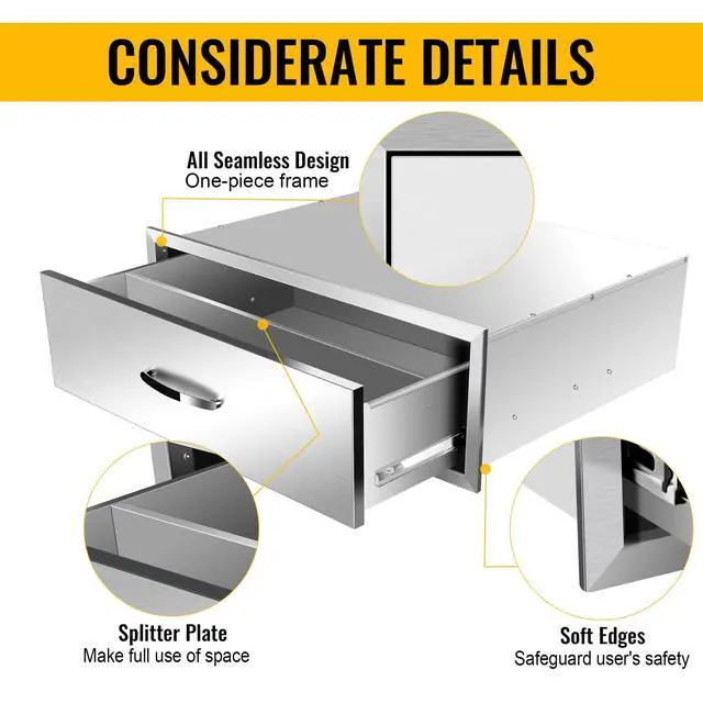 Alt view image 4 of 6 - Outdoor Kitchen Single Drawer BBQ Drawer Stainless Steel Access Drawers with Exquisite Handle for Outdoor Kitchen Island or Grill Station (30" W x 10" H x 23" D)