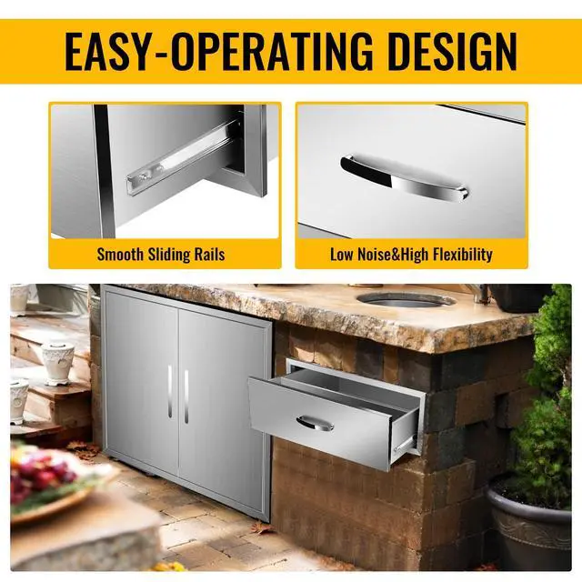 Alt view image 5 of 6 - Outdoor Kitchen Single Drawer BBQ Drawer Stainless Steel Access Drawers with Exquisite Handle for Outdoor Kitchen Island or Grill Station (30" W x 10" H x 23" D)