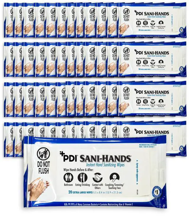 Main image of Healthcare P71520 Sani-Hands Instant Hand Sanitizing Wipes, 48 Count Travel Pack (20 Wipes Each), 5.5" x 8.4" Size (Pack of 960), 70% Ethyl Alcohol, Textured Wipes with Aloe & Vitamin E