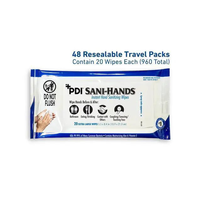 Alt view image 2 of 6 - Healthcare P71520 Sani-Hands Instant Hand Sanitizing Wipes, 48 Count Travel Pack (20 Wipes Each), 5.5" x 8.4" Size (Pack of 960), 70% Ethyl Alcohol, Textured Wipes with Aloe & Vitamin E