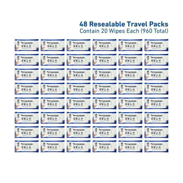 Alt view image 5 of 6 - Healthcare P71520 Sani-Hands Instant Hand Sanitizing Wipes, 48 Count Travel Pack (20 Wipes Each), 5.5" x 8.4" Size (Pack of 960), 70% Ethyl Alcohol, Textured Wipes with Aloe & Vitamin E