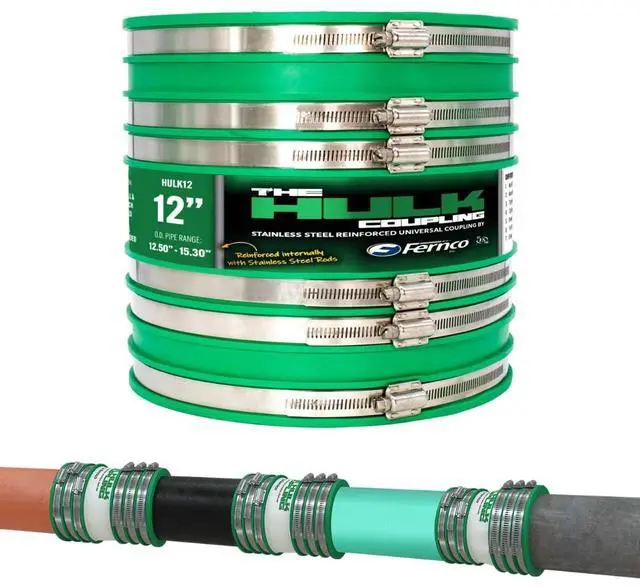 Main image of 12" Hulk Pipe Coupling Non Shear Below Ground Rated Universal Connector for Clay, Plastic, Concrete Ductile and Cast Iron Materials