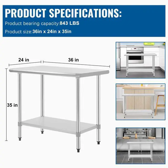 Alt view image 3 of 6 - 24 x 36 Inch Stainless Steel Table for Prep & Work NSF Commercial Metal Table with Adjustable Foot Kitchen Work Table Scratch Resistent Commercial Work Table
