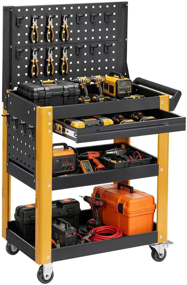 Main image of 4-Tier Rolling Tool Cart with Wheels Work Cart with Drawer & Pegboardwith | 1000LBS Load Capacity, Lockable, For Workshop, Warehouse, Garage, Shop, School & Garden
