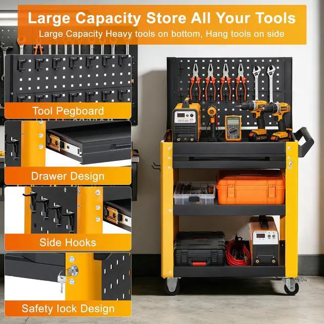 Alt view image 2 of 6 - 4-Tier Rolling Tool Cart with Wheels Work Cart with Drawer & Pegboardwith | 1000LBS Load Capacity, Lockable, For Workshop, Warehouse, Garage, Shop, School & Garden