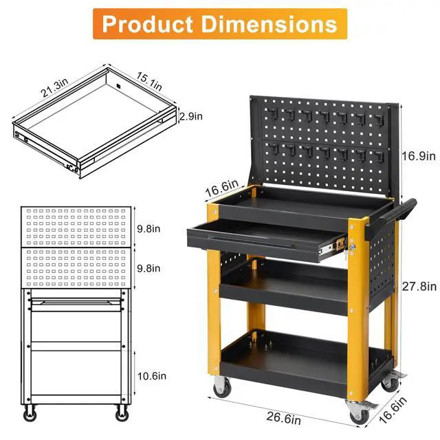 Alt view image 3 of 6 - 4-Tier Rolling Tool Cart with Wheels Work Cart with Drawer & Pegboardwith | 1000LBS Load Capacity, Lockable, For Workshop, Warehouse, Garage, Shop, School & Garden
