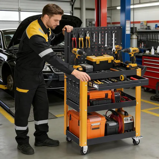 Alt view image 6 of 6 - 4-Tier Rolling Tool Cart with Wheels Work Cart with Drawer & Pegboardwith | 1000LBS Load Capacity, Lockable, For Workshop, Warehouse, Garage, Shop, School & Garden