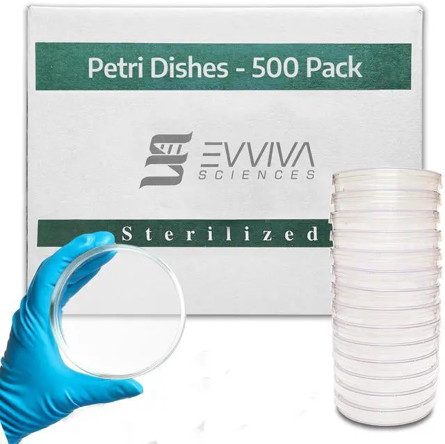 Main image of Evviva Sciences Petri Dish 500 Pack 500 Petri Dishes 100 X 15mm Premium Performance 3 Vents to Reduce Condensation for Lab Research, Education, & More