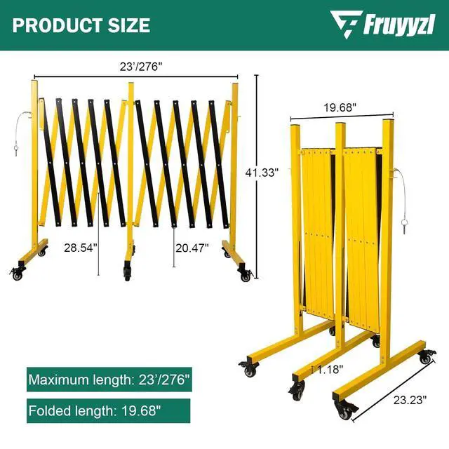 Alt view image 2 of 6 - Industrial Expandable Metal Barricade 23 Feet, Yellow and Black Mobile Safety Barrier Gate, Retractable Traffic Fence with Casters, Folding Expandable Barricade for Road Construction, Garage