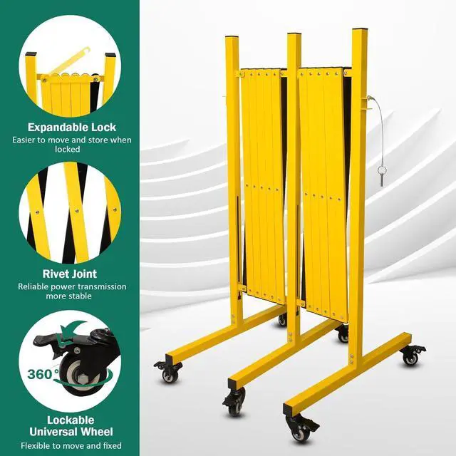 Alt view image 3 of 6 - Industrial Expandable Metal Barricade 23 Feet, Yellow and Black Mobile Safety Barrier Gate, Retractable Traffic Fence with Casters, Folding Expandable Barricade for Road Construction, Garage