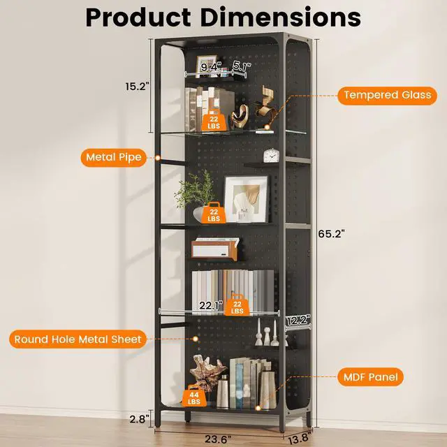 Alt view image 2 of 6 - Glass Display Shelf for Collectibles, LED Black Shelf, Curio Cabinet, Lighted Tall Narrow Shelf with Pegboard Steel Frame for Gaming Room, Floor Lamp with Shelves, Living Room, Bedroom, Large