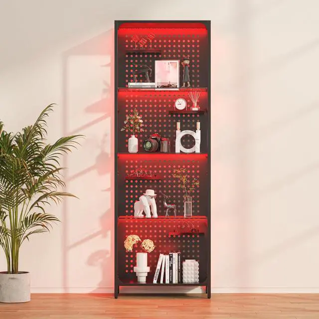 Alt view image 3 of 6 - Glass Display Shelf for Collectibles, LED Black Shelf, Curio Cabinet, Lighted Tall Narrow Shelf with Pegboard Steel Frame for Gaming Room, Floor Lamp with Shelves, Living Room, Bedroom, Large