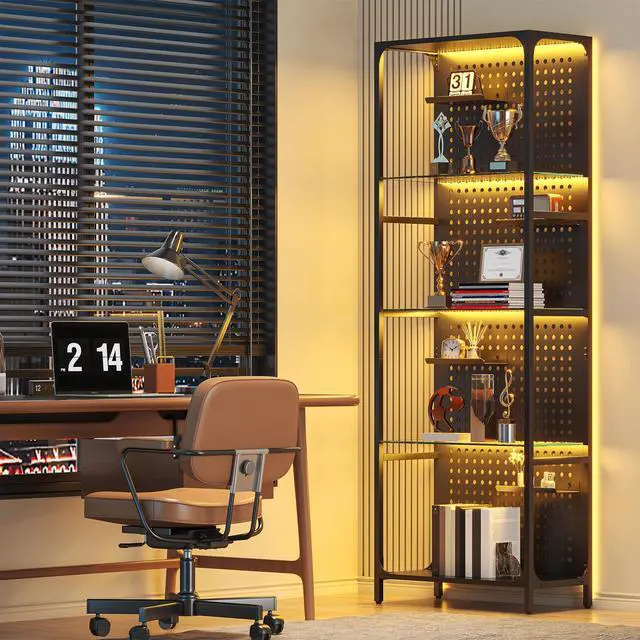 Alt view image 5 of 6 - Glass Display Shelf for Collectibles, LED Black Shelf, Curio Cabinet, Lighted Tall Narrow Shelf with Pegboard Steel Frame for Gaming Room, Floor Lamp with Shelves, Living Room, Bedroom, Large